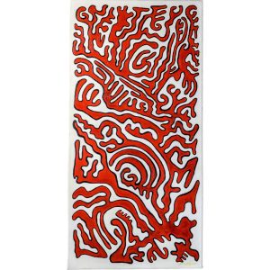 A Covid Affair by Kara Fox - acrylic painting with bold red linear patterns on a painted, textured white canvas