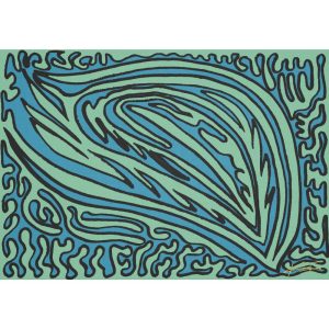 Acrylic painting titled "Aqua Vortex" by Kara Fox, featuring swirling blue and green patterns.