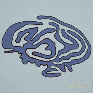 Abstract painting titled "Grey Matter" by Kara Fox, with intricate lines in blue and grey, resembling neural pathways.