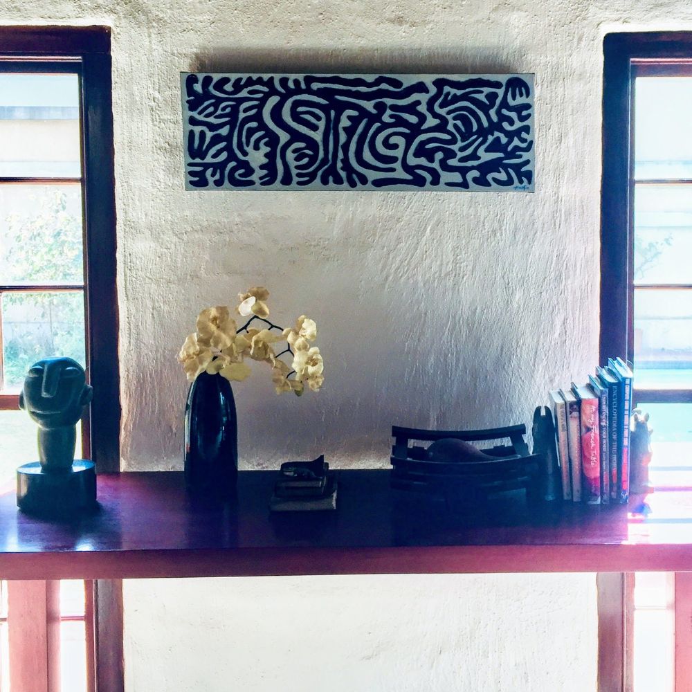 Hudson, a polymer and acrylic painting by Kara Fox, featuring intricate blue details within a monochromatic design, commissioned in 2021.